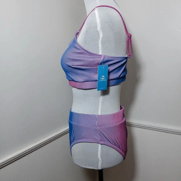 Cupshe Pink Blue Ombre Ribbed High Waisted Bikini Set Large New - Picture 3 of 8